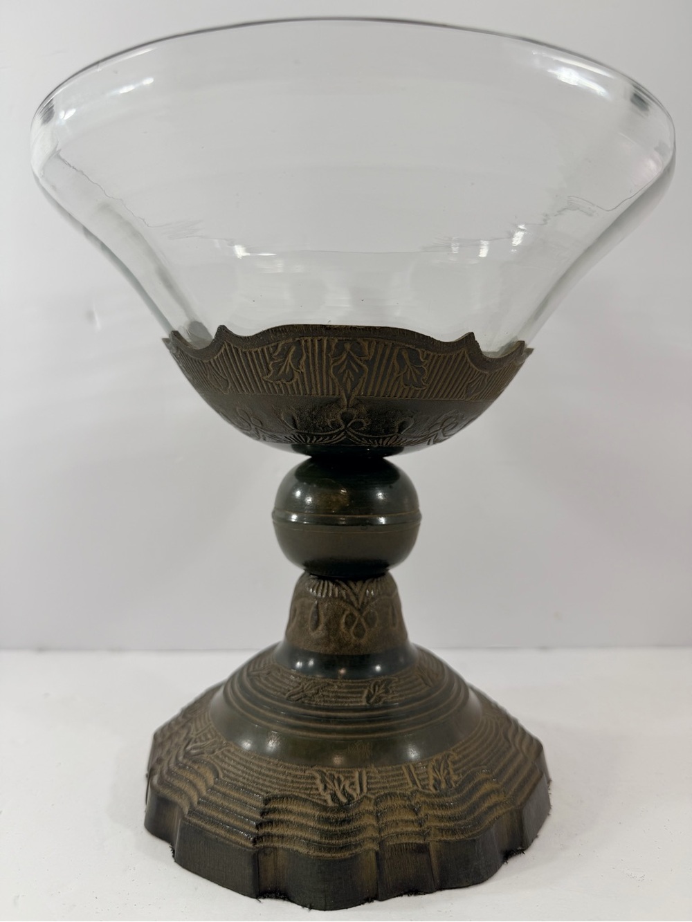 VTG Hollywood Regency Compote – Solid Bronze & Hand-Blown Wavy Glass Centerpiece